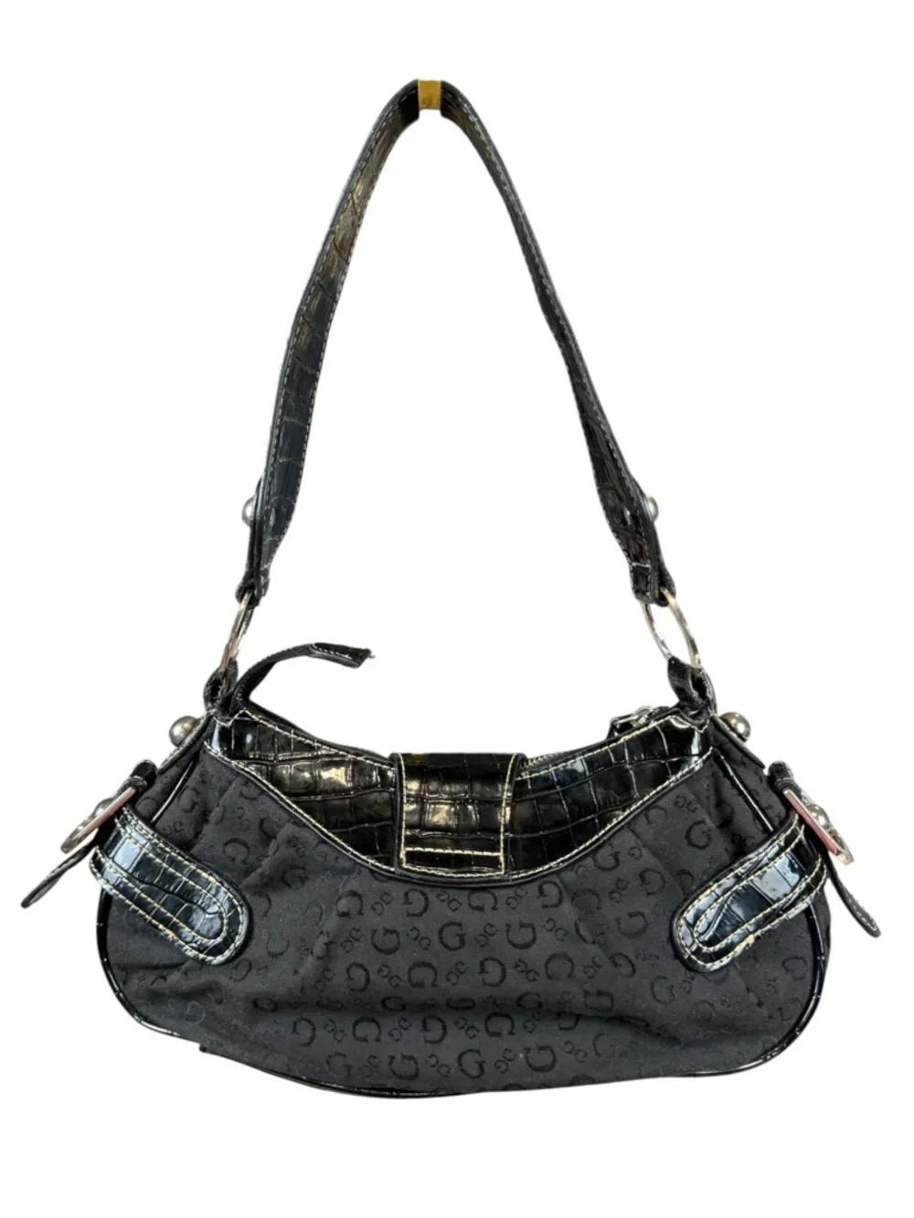 Guess Vintage Y2K Black Monogram Buckle Shoulder Bag - Picture 4 of 16